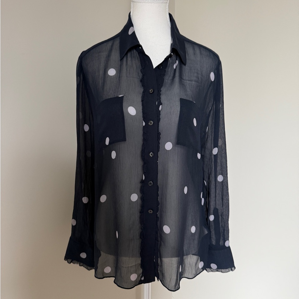 KATE SPADE Long Sleeve navy blue Silk Blouse with Dress Shirt Collar